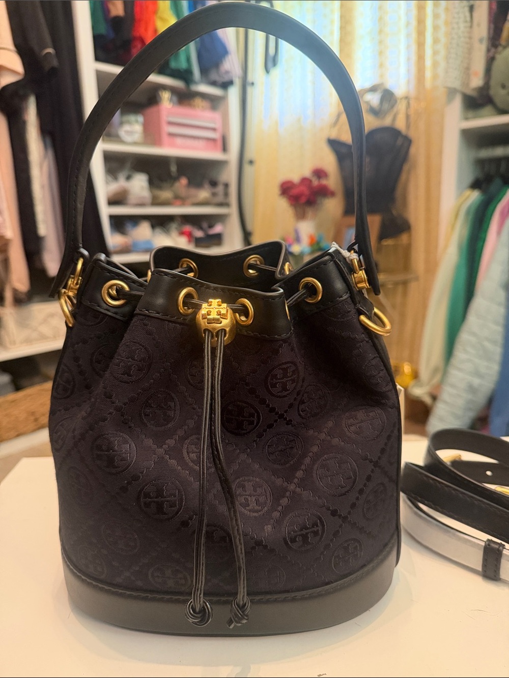 Tory Burch Black T Monogram Bucket Tote